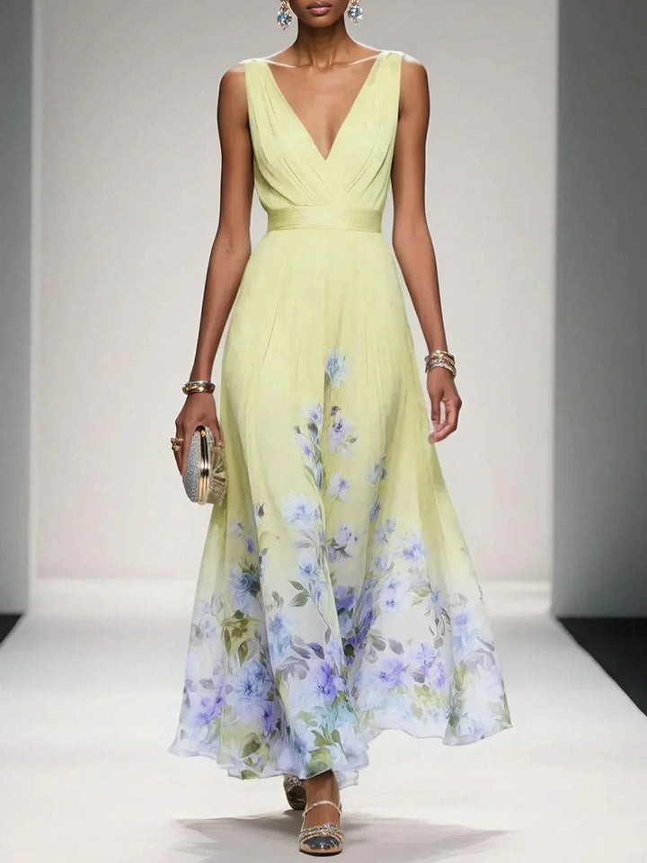 Rosa | Abito Maxi in Chiffon con Fiori Blu Chiaro e Scollatura a V