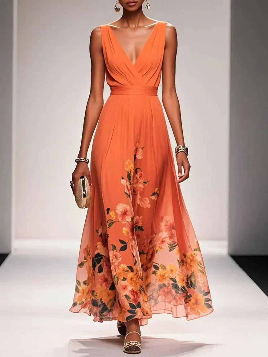 Rosa | Abito Maxi in Chiffon con Fiori Blu Chiaro e Scollatura a V