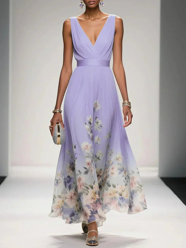 Rosa | Abito Maxi in Chiffon con Fiori Blu Chiaro e Scollatura a V