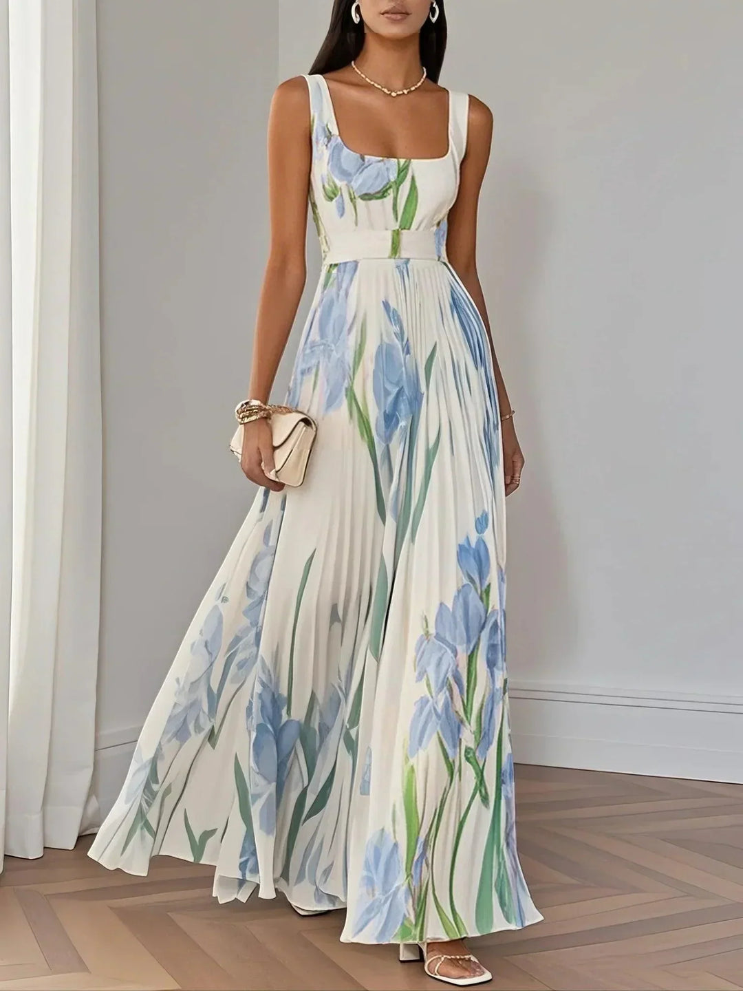 Isabella | Abito Maxi Chiffon Floreale Plissettato Bianco
